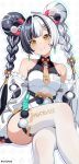  1girl absurdres ahoge animal_background arms_at_sides bare_shoulders black_hair blunt_bangs blush braid breasts clothes_writing commentary cross-laced_clothes cross-laced_sleeves crossed_legs detached_sleeves dialyn_(zenless_zone_zero) double_bun dress earrings english_commentary feet_out_of_frame frilled_dress frilled_sleeves frills grin hair_bun hair_extensions hair_ornament hairclip halter_dress halterneck head_tilt highres invisible_chair jewelry long_hair long_sleeves looking_at_viewer medium_breasts multicolored_hair necktie panda_hair_ornament parted_lips ring_hair_extensions rswifhand sitting sleeveless sleeveless_dress smile solo sparkling_eyes split-color_hair thighhighs twin_braids twintails twitter_username two-tone_hair very_long_hair white_background white_dress white_hair white_thighhighs yellow_eyes yellow_necktie zenless_zone_zero 
