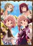  4girls :d :o alt_(ctrldel) atelier_(series) atelier_lydie_&amp;_suelle atelier_sophie blue_sky blush breasts brown_hair choker cleavage closed_mouth cloud collarbone commentary_request day fingerless_gloves firis_mistlud gloves green_eyes highres long_hair looking_at_viewer lydie_malen medium_breasts multiple_girls open_mouth outdoors pink_hair pink_ribbon red_gloves red_hair ribbon short_hair sky small_breasts smile sophie_neuenmuller suelle_malen white_choker 