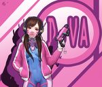  animal_print bangs bodysuit boots breasts breasts_apart brown_hair bunny_print character_name charm_(object) closed_mouth contrapposto covered_navel cowboy_shot d.va_(overwatch) eyelashes facepaint facial_mark finger_on_trigger gloves gun hand_in_pocket hand_up handgun headphones highres holding holding_gun holding_weapon jacket legs_apart letterman_jacket lips lipstick long_hair long_sleeves makeup medium_breasts open_clothes open_jacket overwatch pilot_suit pink_eyes pink_jacket pink_lips pink_lipstick qian_mang_mang ribbed_bodysuit skin_tight solo standing thigh_boots thigh_strap thighhighs turtleneck weapon whisker_markings white_footwear white_gloves 