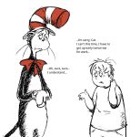 5_fingers anthro black_body black_fur black_nose black_text bottomwear bow_tie clothing deviledmeggz digital_drawing_(artwork) digital_media_(artwork) dr._seuss duo english_text fingers fur gloves hand_behind_neck hands_together handwear hat headgear headwear hi_res human long_whiskers looking_at_another looking_back male mammal mouth_closed open_mouth pants partially_colored pattern_clothing pattern_hat pattern_headgear pattern_headwear red_bow_tie sad self_insert shirt simple_background sketch striped_clothing striped_hat striped_headgear striped_headwear stripes style_emulation t-shirt text the_cat_(the_cat_in_the_hat) the_cat_in_the_hat topwear whiskers white_background white_body white_bottomwear white_clothing white_fur white_gloves white_handwear white_pants white_shirt white_t-shirt white_topwear