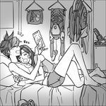  bare_shoulders barefoot bed blush bodysuit bunny_head casual closed_eyes clothes_hanger commentary_request d.va_(overwatch) doritos drooling facial_mark gloves greyscale holographic_interface hooreng hug lying monochrome multiple_girls on_back overwatch short_hair shorts sleeping sleeping_on_person tracer_(overwatch) yuri zzz 