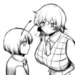  2girls androgynous antennae ascot blush breasts commentary_request gingham_vest_(clothing) greyscale kazami_yuuka large_breasts looking_at_another looking_at_breasts monochrome multiple_girls open_mouth sadahiro_(chicken_nugget_gyuuniku_aji) shirt short_hair simple_background touhou upper_body vest wriggle_nightbug 