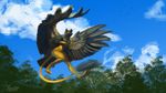  16:9 2016 anthro avian beak blue_sky breasts brown_eyes feathered_wings feathers female flying forest gryphon looking_at_viewer nude outside pinguinolog sky solo tree wallpaper wings 