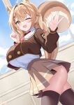  1girl absurdres ahoge animal_ears black_thighhighs blush braid breasts brown_hair brown_jacket brown_skirt cropped_jacket elegant_(sumisumi4268) highres indoors jacket large_breasts looking_at_viewer one_eye_closed open_mouth original pleated_skirt shirt skirt smile solo squirrel_ears squirrel_girl squirrel_tail tail thighhighs twin_braids white_shirt yellow_eyes 
