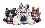  3girls =_= absurdly_long_hair ahoge animal_ears biwa_hayahide_(umamusume) black_hair black_shorts blue_bra blue_coat blue_eyes blue_hat blue_pants blue_theme bnw_(umamusume) bra brown_hair brown_shoes buttons chibi choker closed_mouth clothes_around_waist coat coat_on_shoulders collared_coat crop_top crown crying denim double-breasted ear_covers ear_through_crown fur-trimmed_coat fur_trim glasses gold_buttons gold_crown grey_choker hair_between_eyes hair_ornament hairclip hand_in_another's_hair hand_on_own_arm hand_on_own_chin happy hat hood hood_down hooded_jacket horse_ears horse_girl horse_tail jacket jacket_around_waist jeans jewelry kneeling lapels long_hair long_sleeves looking_ahead medium_hair messy_hair midriff mini_crown miniskirt multiple_girls narita_taishin_(nevertheless)_(umamusume) narita_taishin_(umamusume) necklace notched_lapels pants pikminpreggedup pink_coat plaid_clothes plaid_jacket pleated_skirt pocket red-framed_eyewear red_choker red_jacket school_uniform shirt shoes short_shorts shorts simple_background skirt sleeveless sleeveless_jacket smirk sneakers snot streaming_tears surprised tail tan tears tracen_school_uniform trembling umamusume underwear uwabaki very_long_hair white_background white_hair white_hood white_skirt winning_ticket_(get_to_winning!)_(umamusume) winning_ticket_(umamusume) winter_clothes winter_coat wristband yellow_eyes yellow_shirt 