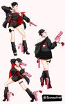  1girl absurdres arched_back bare_shoulders bayonetta_(series) belt black_choker black_hair black_jacket black_romper boruto:_two_blue_vortex choker devasttor dual_persona earrings glasses gun high_heels highres holding holding_gun holding_weapon jacket jewelry loose_socks naruto_(series) one_eye_closed parody parted_lips pink_lips pinky_out pouch red_belt red_eyes romper sharingan short_hair socks strapless_romper thigh_pouch trigger_discipline twitter_username uchiha_sarada weapon 
