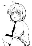  1girl androgynous antennae blush commentary_request cowboy_shot greyscale lineart looking_at_viewer looking_to_the_side monochrome open_mouth sadahiro_(chicken_nugget_gyuuniku_aji) short_hair short_sleeves shorts simple_background sitting smile solo touhou wriggle_nightbug 