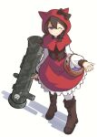  1girl ;) animal_ear_hood basket black_bow boots bow braid brown_boots caraku commentary_request flower full_body hair_between_eyes highres holding_bazooka hood long_sleeves minya_(nyanko_daisensou) nyanko_daisensou one_eye_closed purple_flower red_hood red_skirt simple_background skirt smile twin_braids white_background 