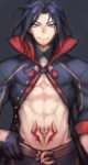  1boy abs bare_chest belt black_coat black_gloves black_hair blue_eyes closed_mouth folks_(nabokof) gloves gradient_hair looking_at_viewer male_focus multicolored_hair popped_collar red_hair smile solo stomach_tattoo tales_of_(series) tales_of_crestoria tattoo upper_body vicious_(tales) 