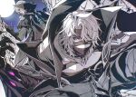  2boys bandage_over_one_eye bandaged_head bandages bandages_over_mouth cape clawed_gauntlets commentary_request dainsleif_(genshin_impact) full_moon genshin_impact gloves greyscale hair_over_one_eye male_focus monochrome moon multiple_boys one_eye_covered perodorio pink_eyes rerir_(genshin_impact) short_hair spot_color twitter_username 