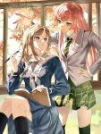  2girls absurdres bang_dream! bang_dream!_it's_mygo!!!!! black_socks blue_eyes blue_shirt blue_skirt book breasts brown_hair chihaya_anon chinese_commentary closed_mouth commentary_request diagonal-striped_clothes diagonal-striped_necktie fang green_necktie green_skirt grey_eyes grey_neckerchief hand_on_own_hip haneoka_school_uniform highres kneehighs long_hair long_sleeves multiple_girls nagasaki_soyo neckerchief necktie open_book pink_hair pleated_skirt school_uniform shirt sidelocks sitting skirt socks standing striped_clothes tsukinomori_school_uniform white_shirt wu_fuzuoyong 