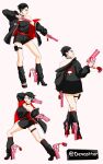  1girl absurdres arched_back bare_shoulders bayonetta_(series) belt black_choker black_hair black_jacket black_romper boruto:_two_blue_vortex choker commentary devasttor dual_persona earrings english_commentary glasses gun high_heels highres holding holding_gun holding_weapon jacket jewelry loose_socks naruto_(series) one_eye_closed parody parted_lips pink_lips pinky_out pouch red_belt red_eyes romper sharingan short_hair socks strapless_romper thigh_pouch trigger_discipline twitter_username uchiha_sarada weapon 