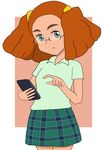  blue_eyes cellphone checkered checkered_skirt commentary_request crayon_shin-chan francisca_(shin-chan) glasses green_skirt looking_at_viewer orange_hair phone sasanoha_toro skirt smartphone solo twintails 