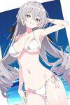  1girl alternate_costume bare_shoulders bikini blue_sky breasts bronya_rand chinese_commentary collarbone commentary_request cowboy_shot day drill_hair grey_eyes grey_hair hair_between_eyes highres honkai:_star_rail honkai_(series) large_breasts long_hair navel ocean open_mouth outdoors shiny_skin side-tie_bikini_bottom sky solo standing stomach swimsuit underboob user_pkuk8477 white_bikini 