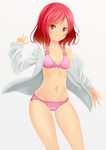  ass_visible_through_thighs bikini breasts collarbone cowboy_shot eyebrows eyebrows_visible_through_hair grey_background groin highres jacket looking_at_viewer love_live! love_live!_school_idol_project navel nishikino_maki off_shoulder open_clothes open_jacket pink_bikini purple_eyes red_hair short_hair simple_background small_breasts solo swimsuit taka_(takahirokun) white_jacket 