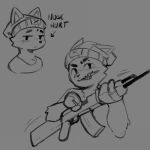 2023 anthro assault_rifle beanie bodily_fluids canid canine clothed clothed_anthro clothed_male clothing derpyfox_36 derpyfox_36_(fursona) digital_drawing_(artwork) digital_media_(artwork) english_text fox front_view fur furgonomic_beanie furgonomic_hat furgonomic_headwear furgonomics grey_background gun hat headgear headwear holding_assault_rifle holding_gun holding_object holding_ranged_weapon holding_weapon male male_anthro mammal monochrome mouth_closed ranged_weapon rifle simple_background sketch solo tears teeth text weapon
