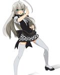  ahoge aqua_eyes clenched_hand fighting_stance grey_legwear haiyore!_nyaruko-san highres huge_ahoge long_hair nyarlathotep_(nyaruko-san) open_mouth pleated_skirt silver_hair simple_background skirt solo stance taka_(takahirokun) thighhighs white_background zettai_ryouiki 