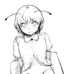  1girl androgynous antennae blush bottomless closed_mouth collared_shirt commentary_request greyscale looking_at_viewer monochrome navel nose_blush out-of-frame_censoring sadahiro_(chicken_nugget_gyuuniku_aji) shirt short_hair sitting sketch solo touhou upper_body wriggle_nightbug 