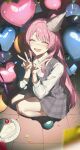  1girl absurdres balloon bang_dream! bang_dream!_it's_mygo!!!!! blue_shoes blush cake chihaya_anon closed_eyes commentary confetti double_v dress fang food food_on_face grey_dress hat heart_balloon highres long_hair mikan_(migwang) open_mouth party_hat pinafore_dress pink_hair plaid_clothes plaid_dress shoes sleeveless sleeveless_dress solo squatting v 