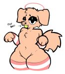  absurd_res anthro arm_warmers armwear ball big_butt bite bottomless butt canid canine canis cheek_tuft chest_tuft clothed clothing digital_media_(artwork) domestic_dog english_text eyeliner facial_tuft femboy floppy_ears fluffy fluffy_tail footwear fur hair halo hi_res leg_warmers legwear looking_at_viewer makeup male mammal mushkoe navel nude pattern_armwear pattern_clothing pattern_legwear paws simple_background smile socks solo stockings striped_armwear striped_clothing striped_legwear stripes tail tennis_ball text thick_thighs thigh_highs topless toy tuft warmers wide_hips yellow_body yellow_fur 