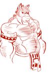  2013 anthro apollo_(schwartzgeist) belt biceps big_biceps clothed clothing equine front_view horse loincloth male mammal manly monochrome musclegut muscular muscular_male navel nipples pecs red_and_white schwartzgeist simple_background sketch snout solo standing topless tribal vein white_background 