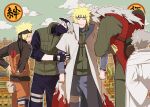  5boys bandaged_leg bandages black_gloves black_headband black_mask black_pants black_shirt black_sleeves blonde_hair blue_pants closed_eyes cloud cloudy_sky coat fingerless_gloves flak_jacket gloves green_vest grey_hair hands_on_own_back hatake_kakashi headband headband_over_one_eye holding_another's_arm jacket jiraiya_(naruto) jumpsuit konohagakure_symbol leaning_on_person long_coat long_hair low_ponytail male_focus mask mouth_mask multicolored_jacket multiple_boys namikaze_minato naruto_(series) naruto_shippuuden nervous_smile old old_man orange_jacket orange_jumpsuit orange_pants pants parted_lips ponytail red_tunic robe sarutobi_hiruzen shirt short_hair sky smile so_je_(sojeipic) spiked_hair sweatdrop tunic two-tone_jacket uzumaki_naruto vest white_coat white_robe 