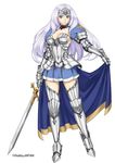  1girl annelotte armor armored_dress blue_eyes boots breasts cape choker cleavage contrapposto eiwa forehead_protector gauntlets greaves large_breasts legs long_hair lost_worlds purple_hair queen&#039;s_blade queen&#039;s_blade_rebellion skirt solo spaulders thigh_boots thighhighs thighs zettai_ryouiki 