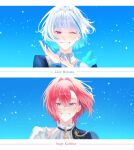  2girls absurdres aiguillette ange_katrina ao_s2p blue_background blue_cape blue_hair blush cape character_name clothing_cutout collared_shirt colored_inner_hair commentary_request crossed_bangs eyelashes frilled_shirt_collar frills grin hair_between_eyes hair_intakes hands_up highres lize_helesta long_bangs looking_at_viewer medium_hair multicolored_hair multiple_girls nijisanji nijisanji_idol_uniform one_eye_closed portrait purple_eyes red_hair shirt short_hair shoulder_cutout side_cape silver_tiara smile sparkle straight-on streaked_hair twitter_username two-tone_hair virtual_youtuber white_hair white_shirt wolf_cut 