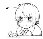  1girl androgynous blush closed_mouth collared_shirt commentary_request food fruit greyscale lineart mandarin_orange monochrome sadahiro_(chicken_nugget_gyuuniku_aji) shirt short_hair simple_background solo touhou upper_body v-shaped_eyebrows wriggle_nightbug 