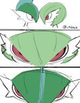  2others aiither bob_cut close-up facing_another gallade gardevoir green_hair hair_between_eyes heads_together highres imminent_kiss looking_at_another mohawk multiple_others no_mouth parody pokemon pokemon_(creature) pokemon_focus portrait red_eyes sketch twitter_username unfinished upper_body white_background 