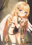  ahoge angel_wings blonde_hair blue_eyes braid character_request flower grin hair_flower hair_ornament holding key long_hair mx2j_(nsh6394) qurare_magic_library smile solo tears twin_braids twintails very_long_hair wings 