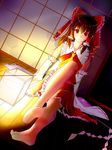 absurdres barefoot black_hair brown_hair clouble detached_sleeves dutch_angle feet hair_ornament hakurei_reimu highres indoors japanese_clothes lace-trimmed_sleeves long_hair miko red_eyes red_ribbon red_shirt red_skirt ribbon shirt sitting skirt smile soles solo toes touhou 