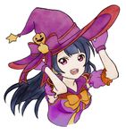  blue_hair bow bowtie detached_sleeves halloween_costume hands_on_headwear hat hat_ribbon highres jack-o'-lantern long_hair looking_at_viewer love_live! love_live!_sunshine!! open_mouth puffy_short_sleeves puffy_sleeves purple_eyes reisth ribbon short_sleeves simple_background solo tsushima_yoshiko upper_body white_background witch_hat 