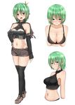  arm_warmers bare_shoulders baretto_(karasi07) black_legwear blue_eyes blush breasts cleavage commentary_request elf fingerless_gloves gloves green_hair hand_on_hip highres large_breasts looking_at_viewer midriff multiple_views navel open_mouth original pointy_ears short_hair simple_background stomach variations white_background 