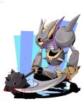  blood blood_on_weapon dragon_quest dragon_quest_vi harpoon harpoon_gun highres holding holding_sword holding_weapon mace mochi_curry no_humans robot solo spiked_mace spikes sword weapon 