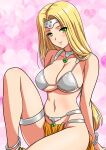  1girl absurdres blonde_hair blush breasts circlet cleavage dancer's_costume_(dq) dragon_quest dragon_quest_vi earrings forehead_protector green_eyes harem_outfit highres jewelry knee_up large_breasts long_hair looking_at_viewer metal_hair_tubes mireyu necklace pink_background ponytail silver_choker silver_circlet simple_background sitting smile solo yuuyuu_(3jjbn) 