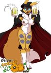  2016 alcohol alpha_channel anthro areola beer beverage big_breasts breasts cape clothing digimon erect_nipples female mostly_nude nipples pussy renamon solo yawg 