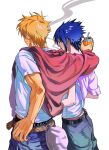  2boys alternate_costume arm_around_shoulder baseball_cap black_male_underwear blonde_hair blue_hair blue_pants can cigarette cow drinking_straw earrings facial_mark hand_on_own_hip hat hat_on_back highres holding holding_can hood hoodie jewelry male_focus male_underwear midriff_peek multiple_boys multiple_earrings naruto_(series) naruto_shippuuden pants print_belt red_hoodie shared_clothes shirt short_hair smoke smoking uchiha_sasuke underwear uzumaki_naruto whisker_markings white_background white_hat white_shirt xxxxg_ovo 