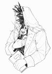  1boy absurdres carpe_diem_(23412545) charon_(reverse:1999) coat cropped_torso dog_tags flower gloves hand_on_own_chest highres holding holding_dog_tags holding_notebook knife lineart male_focus notebook object_head poppy_(flower) reverse:1999 solo thorns upper_body veil white_background 