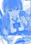  ai-chan_(tawawa) blue braid breasts buttons cellphone commentary earphones eyebrows eyebrows_visible_through_hair getsuyoubi_no_tawawa himura_kiseki iphone large_breasts meta monochrome necktie object_on_breast phone school_uniform short_hair smartphone smile solo tawawa_challenge translated twitter 