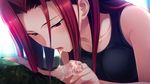  1girl after_fellatio agnes_garrett blush censored cum cum_in_mouth cum_on_tongue fingernails flaccid fumio_(ura_fmo) game_cg grisaia_(series) grisaia_no_rakuen hands kazami_yuuji mosaic_censoring open_mouth penis red_eyes red_hair spitting tank_top tongue tongue_out 