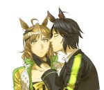 2girls ahoge animal_ears black_gloves black_hair black_jacket brown_hair closed_eyes fuji_kiseki_(umamusume) gloves hair_ornament hand_on_another's_chin highres horse_ears horse_girl imminent_kiss implied_kiss jacket jungle_pocket_(umamusume) multicolored_hair multiple_girls ruukii_drift tagme umamusume white_background yellow_eyes yellow_jacket yuri 