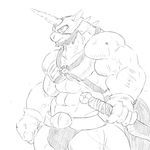  2014 abs belt biceps big_biceps black_and_white clothed clothing digital_drawing_(artwork) digital_media_(artwork) equine frown gloves holding_object holding_weapon horn knife loincloth looking_at_viewer male mammal manly monochrome muscular muscular_male navel pecs quads scar schwartzgeist serratus side_view simple_background sketch toony topless unicorn vein weapon white_background 