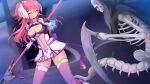  1girl ^_^ armor back_bow battle blush boots bow breasts cleavage cleavage_cutout clenched_teeth closed_eyes clothing_cutout dress dutch_angle elbow_gloves en_ciel_rena en_ciel_rena_(sin) game_cg gloves glowing glowing_weapon grin hair_ornament holding holding_weapon indoors kourin_tenshi_en_ciel_rena large_breasts large_variant_set legs_apart long_hair magic magic_circle magical_girl non-web_source official_art outstretched_arm pink_hair pink_thighhighs polearm ribbon saitou_natsuki scythe self-datamine short_dress skeleton skirt smile spear standing suhamaya teeth thighhighs tomoe_rena turtleneck two_side_up variant_set weapon white_gloves zettai_ryouiki 
