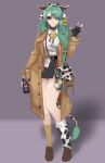  1girl 8-ball absurdres animal_ears animal_print bag bell belt black_belt black_choker black_gloves black_hairband black_nails black_ribbon black_sclera black_skirt brown_coat brown_shoes can character_name choker closed_mouth coat collared_shirt colored_sclera commentary corvuscabal cow_ears cow_girl cow_horns cow_print cow_tail cowbell crelly_(vtuber) cube_hair_ornament dice dr_pepper drink_can ear_tag fang fingerless_gloves fingernails full_body gloves green_hair grey_background grey_sclera hair_ornament hair_over_shoulder hairband hairclip handbag heterochromia highres holding holding_can horns indie_virtual_youtuber long_hair long_sleeves mismatched_sclera mismatched_socks mole mole_under_mouth nail_polish neck_bell neck_ribbon open_clothes open_coat red_eyes ribbon shirt shoes skin_fang skirt smile soda_can solo standing tail tamagotchi_(virtual_pet) unfinished virtual_pet_(toy) virtual_youtuber waving white_eyes white_shirt 
