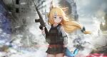  1girl absurdres advarcher animal_ears ar-15 assault_rifle black_gloves black_skirt blonde_hair blue_eyes blue_streaks blunt_bangs cat_ears fins fish_girl fish_tail floating_hair gloves gun highres holding holding_gun holding_weapon indie_virtual_youtuber long_hair looking_at_viewer one_side_up ponytail rifle sameko_saba skirt tail very_long_hair virtual_youtuber weapon 