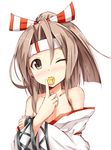  aikawa_ryou bare_shoulders blush brown_eyes brown_hair commentary_request food_in_mouth headband kantai_collection long_hair nose_blush one_eye_closed ponytail solo upper_body white_background zuihou_(kantai_collection) 