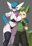  anthro big_breasts bikini black_bikini black_bottomwear black_clothing black_gloves black_handwear black_legwear black_pants black_swimwear blue_arms blue_hair bodily_fluids bottomwear breasts brown_eyes canid choker clothed clothing coat cum cum_inside curvy_figure dr._voir duo eeveelution eyelashes eyewear female fur generation_4_pokemon genital_fluids glasses glistening glistening_body glistening_skin gloves green_clothing green_ears green_sweater green_tail green_topwear grey_background hair hand_on_hip handwear hi_res humanoid jewelry larger_female larger_humanoid leaf leafeon legwear looking_at_viewer lucyfercomic male mammal mega_stone navel necklace nintendo open_clothing open_coat open_mouth open_topwear pants pokemon pokemon_(species) red_eyes shiny_pokemon simple_background size_difference standing sweater swimwear tail thick_thighs topwear two-piece_swimsuit white_body white_clothing white_coat white_skin white_topwear 