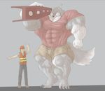  2016 5_fingers abs anthro armor barefoor biceps big_biceps black_clothing black_hair blue_eyes brown_clothing brown_fur canine cheek_tuft claws clothed clothing colored duo eye_contact fluffy fluffy_tail footwear front_view full-length_portrait fur girder grey_background grey_claws grey_clothing grey_fur hair head_tuft helmet holding_object human humanoid_hands hyper hyper_muscles larger_anthro larger_male light loken_(ims360) macro male mammal manly multicolored_fur muscular muscular_male neck_tuft no_pupils obliques orange_clothing pants pecs pointing portrait quads red_clothing schwartzgeist serratus shaded shirt shoes shorts simple_background size_difference skimpy slim smaller_male smile snout standing triceps tuft two_tone_fur vein vest white_fur wolf 