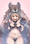  animal_costume bandeau berserker_(granblue_fantasy) bikini_bottom black_bikini_bottom blonde_hair blush bow_(bhp) breasts brown_eyes collar cowboy_shot djeeta_(granblue_fantasy) fangs granblue_fantasy groin hair_between_eyes highres medium_breasts navel open_mouth paw_print paws pink_background solo underboob wolf_costume 